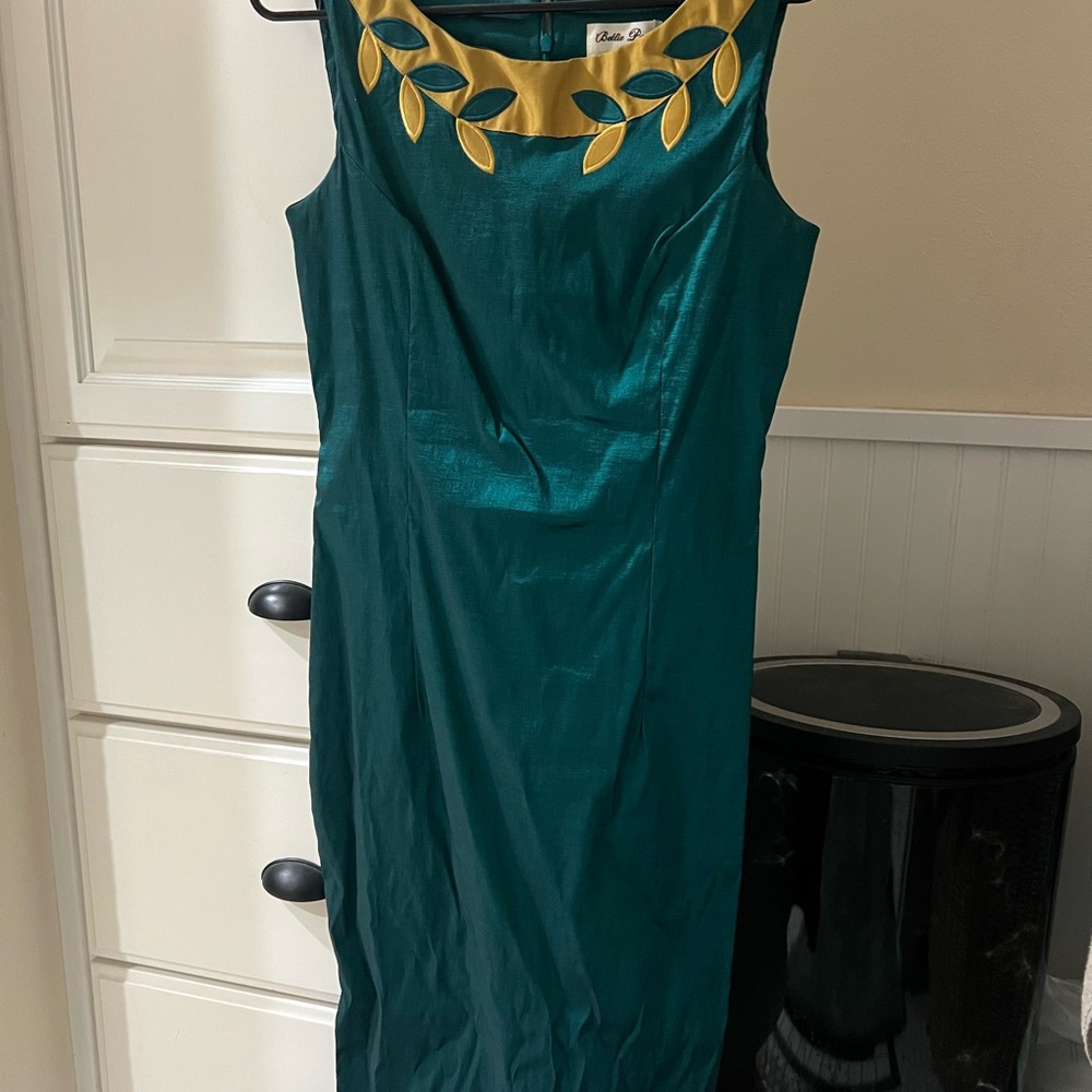 Bettie Page Teal Dress with Gold Leaf Detail